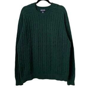 Lands End Cable Knit Sweater Mens XL Green Fisherman Made in USA Cotton Preppy